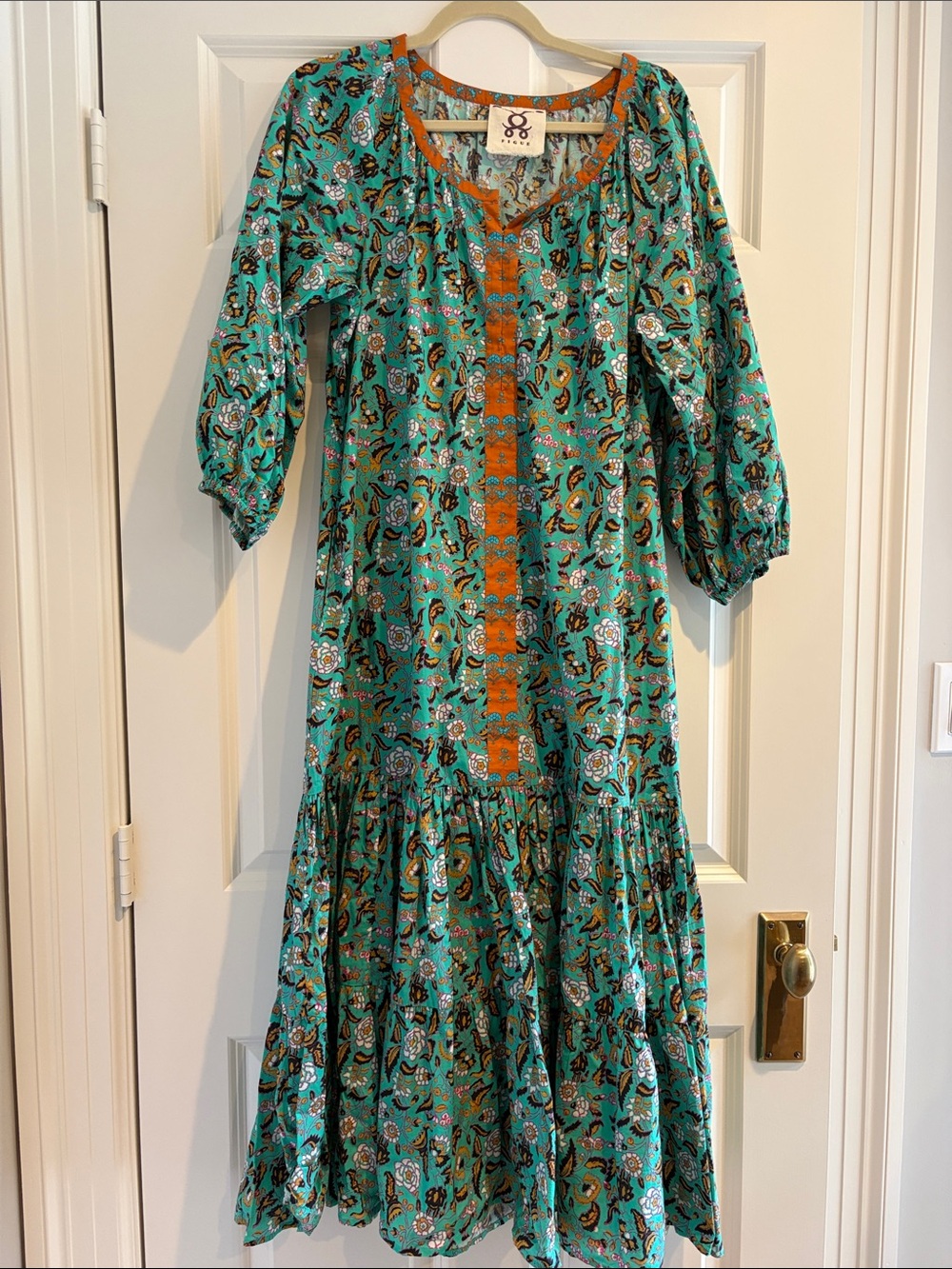 Bohemian Floral Maxi Dress in Teal with Orange Trim with Pockets & Optional Belt